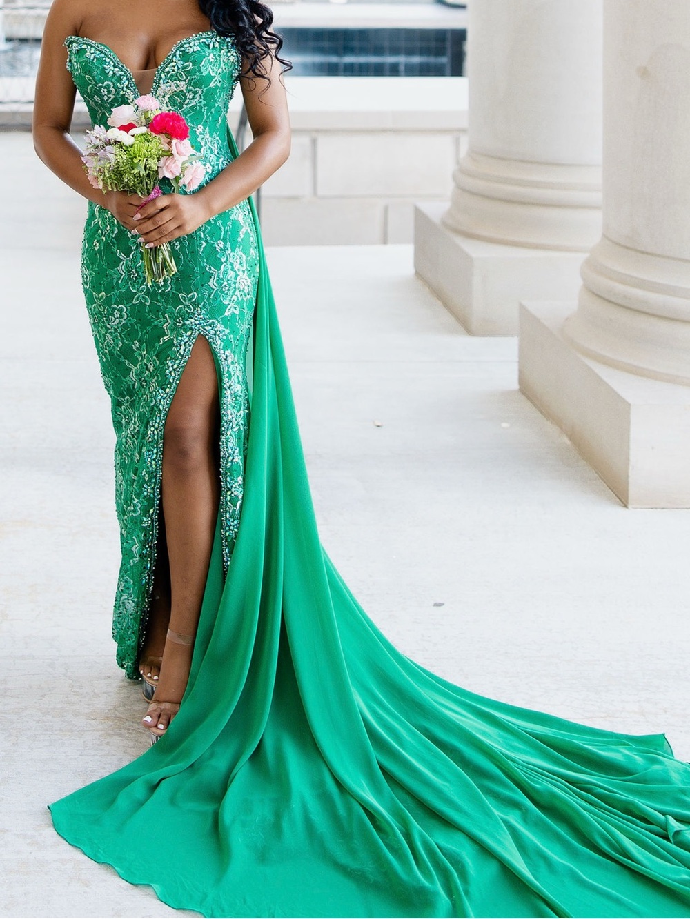 Strapless Emerald Green Beaded Prom Gown with Side Slit and Train